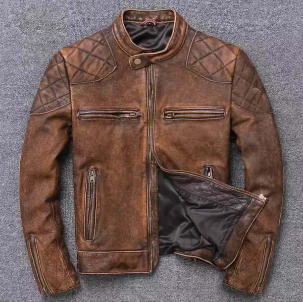 Distressed Vintage Biker Brown Motorcycle Men's Cafe Racer David Leather Jacket