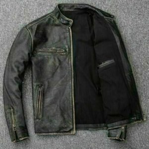Mens Biker Motorcycle Vintage Distressed Black Faded Winter Leather Jacket
