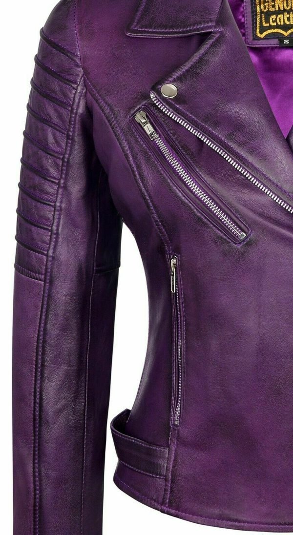 Women Purple Motorcycle Biker Real Leather Jacket Lambskin Leather Top Slim fit