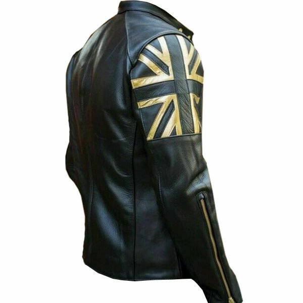 Mens Biker Vintage Motorcycle Black Cafe Racer UK Flag Union Jack Leather Jacket