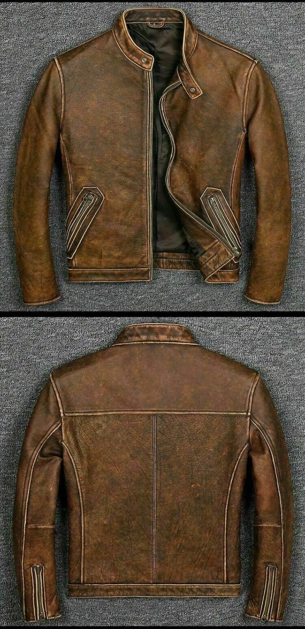 Mens Motorcycle Cafe Racer Vintage Biker Brown Distressed Real Leather Jacket