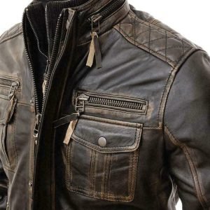 Mens abraci biker vintage cafe racer distressed brown real leather jacket