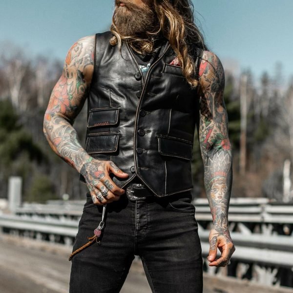 Men's Vintage Black Genuine Lambskin Leather Biker Vest, Distressed Motorcycle