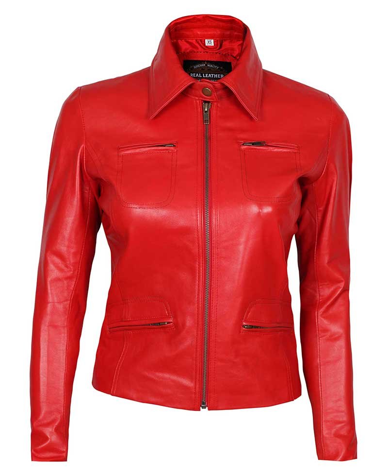 Upon Time Female Front Zip Body Fitted Peplum Red Short Leather Jacket ...