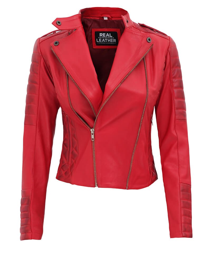 Jannie Red Asymmetrical Padded Leather Jacket - Leather Store World