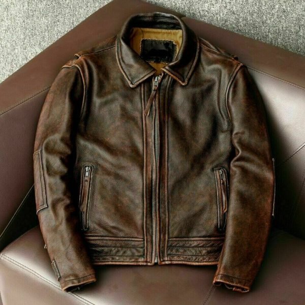 Men’s Motorcycle Vintage Cafe Racer Distressed Brown Biker Real Leather Jacket