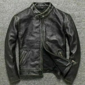 Vintage Real Leather Jacket Black Men's Cafe Racer Biker Motorcycle Distress