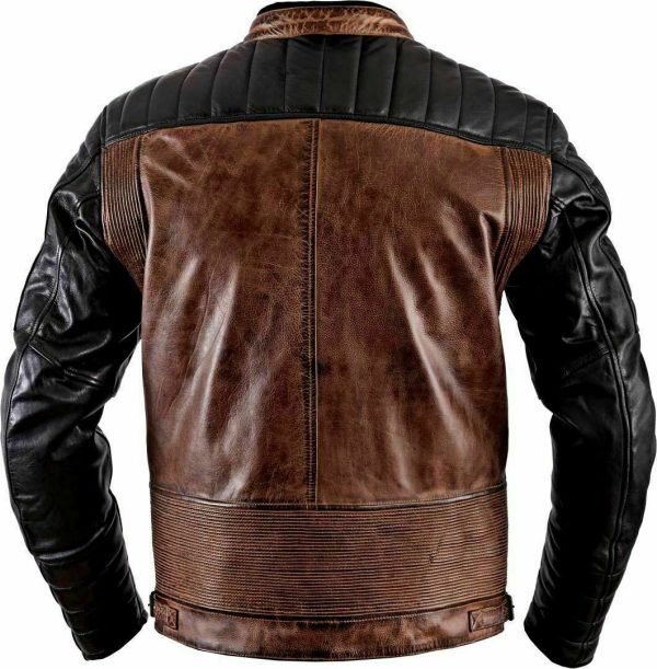 Men vintage motorcycle biker distressed brown cafe racer 2 shaded leather jacket