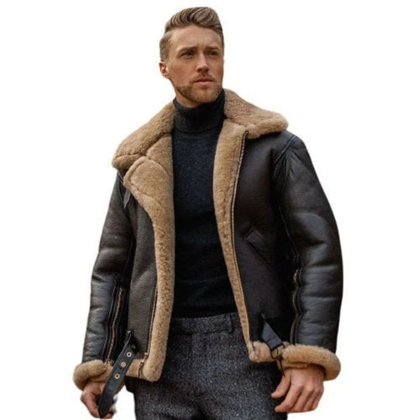 Men's Vintage Biker Bomber Shearling Fur Motorcycle Brown Aviator Real Sheep Fur