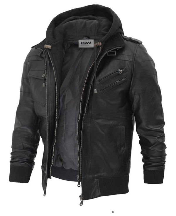 Edinburgh Mens Black Leather Jacket with Removable Hood - Leather Store ...