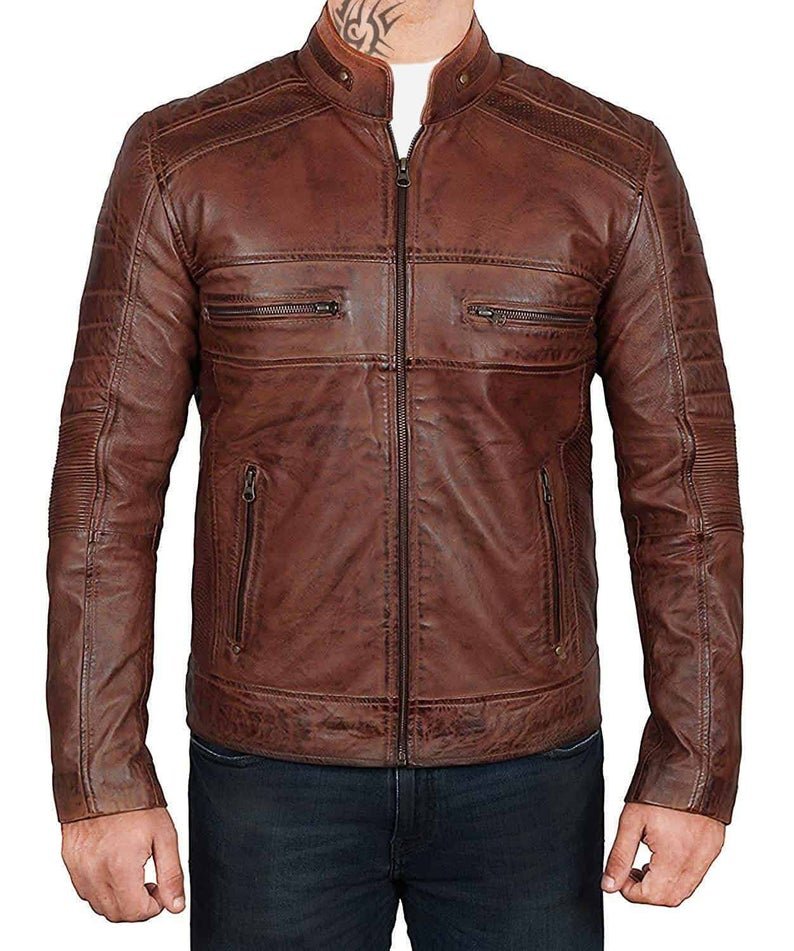 Men Brown Retro Distressed Cafe Racer Biker Real Leather Jacket - Best ...