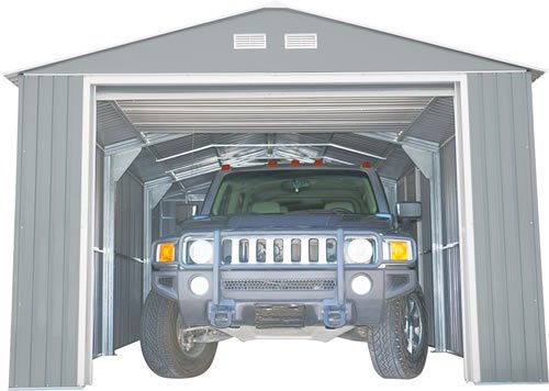 DuraMax 12x26 Light Gray Steel Garage Assembled with Door Open