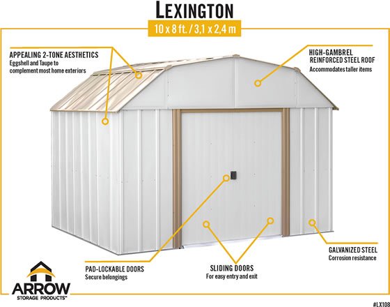 Arrow Lexington 10x8 Shed Features Eggshell & Taupe Colors, Pad Lockable Sliding Doors & Galvanized Steel