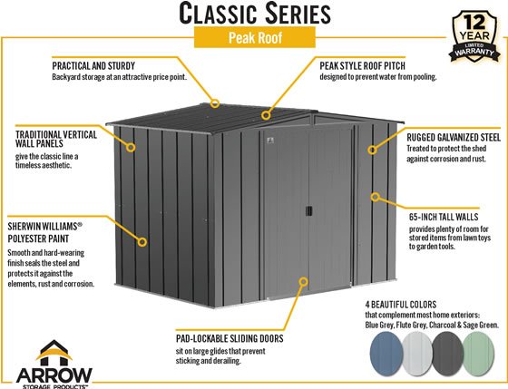 Arrow 8x6 Gray Classic Steel Shed Features & Benefits
