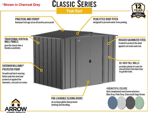 Arrow 8x6 Flute Gray Classic Steel Shed Features & Benefits