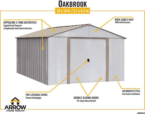 Arrow Oakbrook Shed Features Eggshell & Taupe Colors, Pad Lockable Sliding Doors & Galvanized Steel