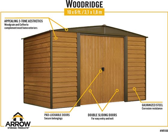 Arrow Woodridge Shed Features Two Tone Style, Lockable Sliding Doors & Galvanized Steel